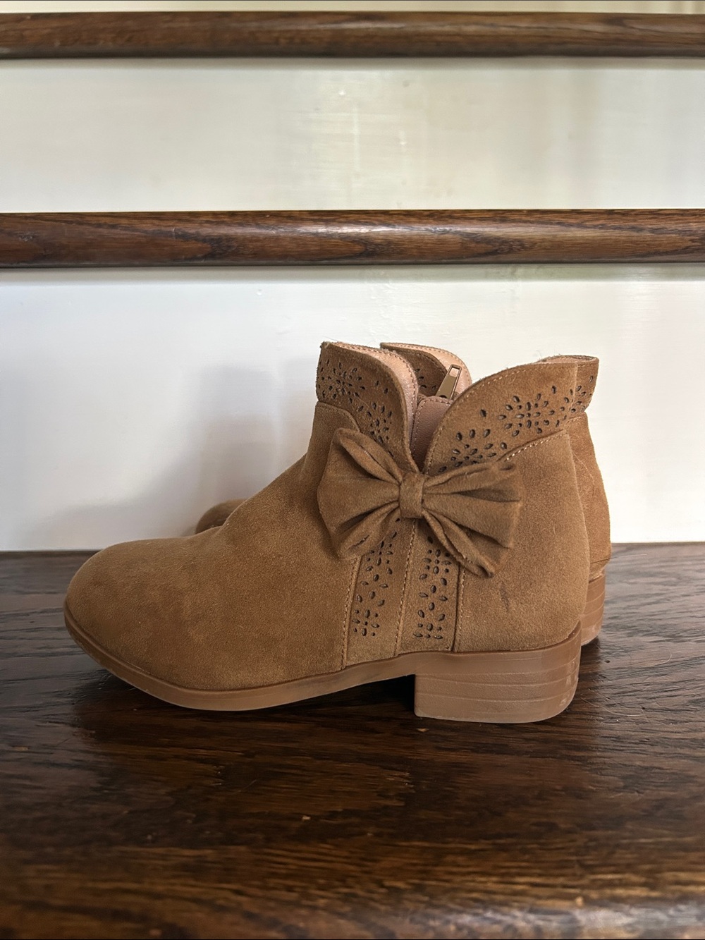 Girl’s Tan Suede Ankle Boots with Bow Accent